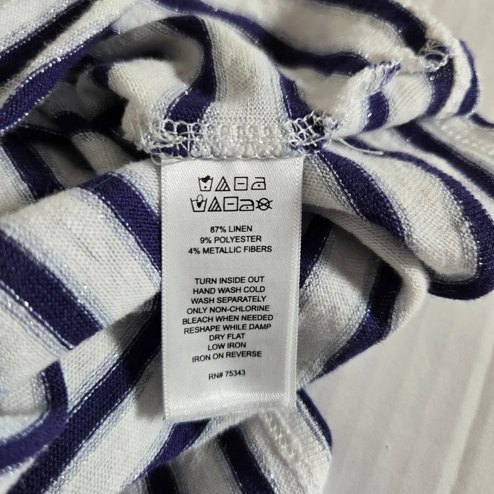 Christian‎ Siriano Womens Top White Blue Silver Medium Linen Coastal Nautical